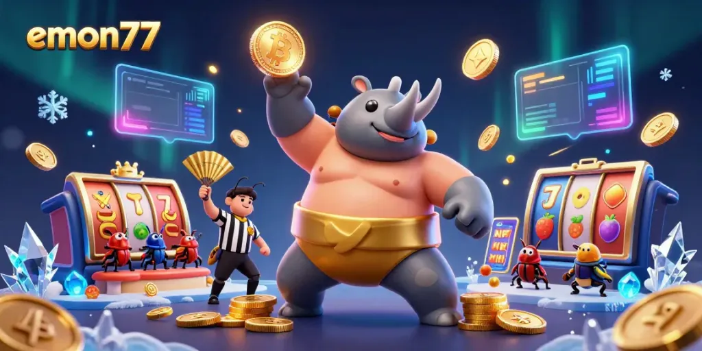 Experience the excitement of emon77 with our animated sumo beetle champion amidst colorful slot elements and crypto coins.