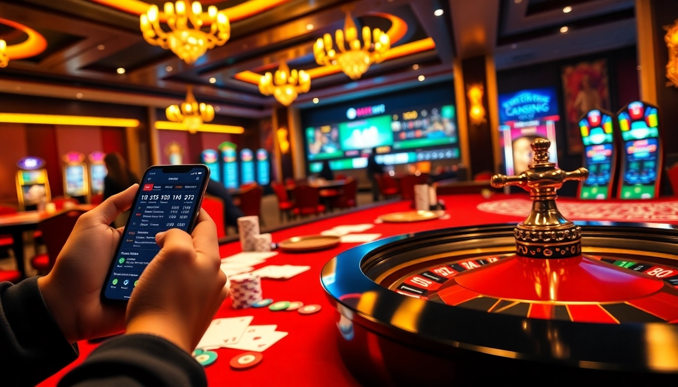 Experience the thrill of online gambling at https://na777unduh.com with a luxurious casino scene featuring live dealers and poker chips.