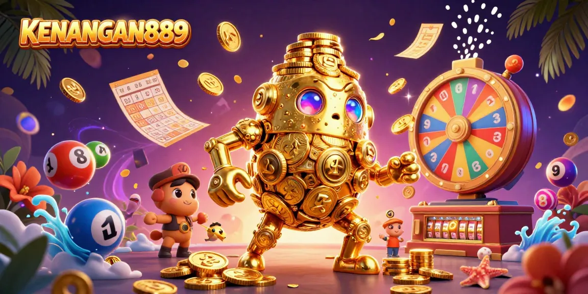 Experience dynamic gaming with KENANGAN889's golden golem amidst vibrant gaming elements.