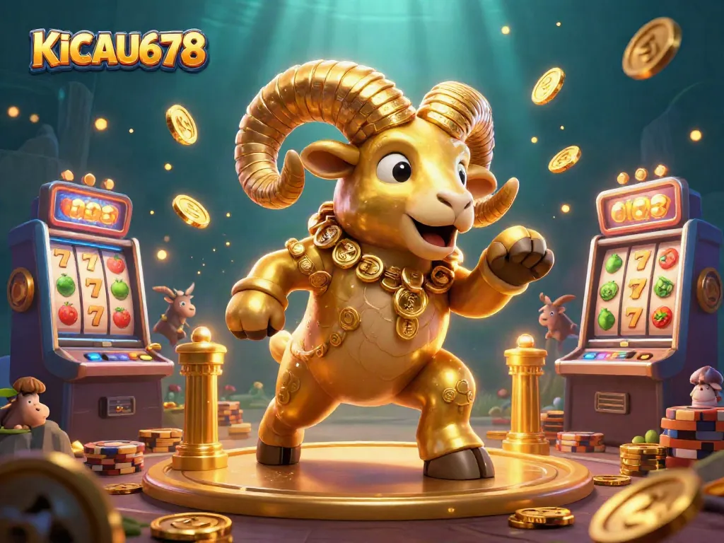 KICAU678 showcases a dynamic online slot gaming scene with a golden ram championing a jackpot