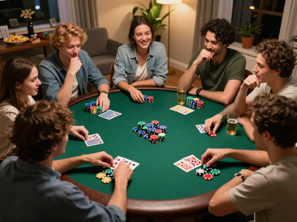 Engaging home poker night with friends showcasing joylink free kredit and colorful chips on the table, highlighting strategic gameplay.