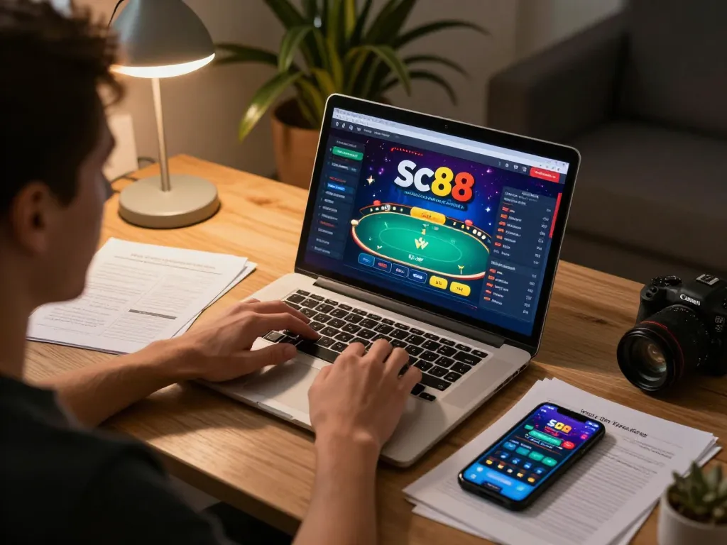 Play poker at sc88 online casino with a vibrant interface in a cozy home setting.