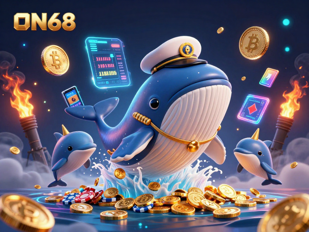Experience ON68's thrilling casino adventure with a giant whale, playful dolphins, and digital coins.