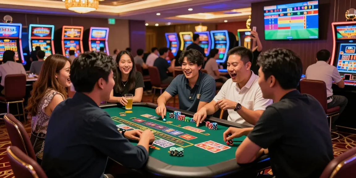 Excited group at a situs togel casino game table enjoying their experience.