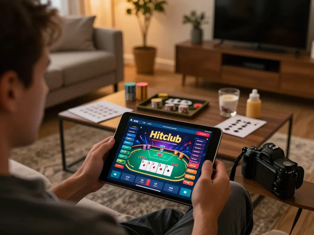 Player engaging with Hitclub app on tablet during an exciting online poker game at home, promoting strategic gaming.