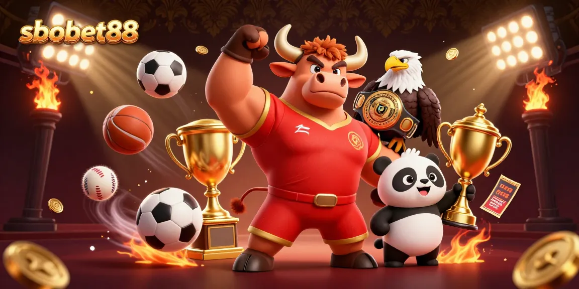 Bet on sbobet88 with thrilling 3D illustration showcasing sports champions and dynamic game elements.