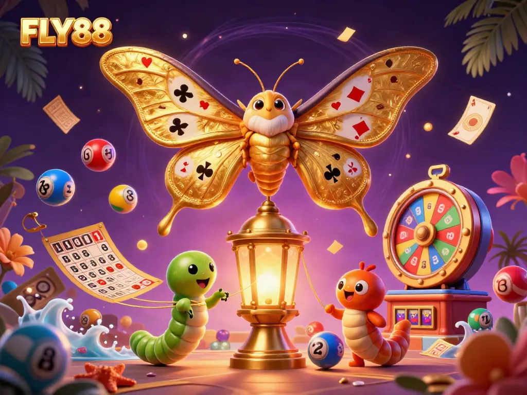 Experience the magical world of FLY88 with vibrant casino scenes brought to life in colorful 3D illustration.