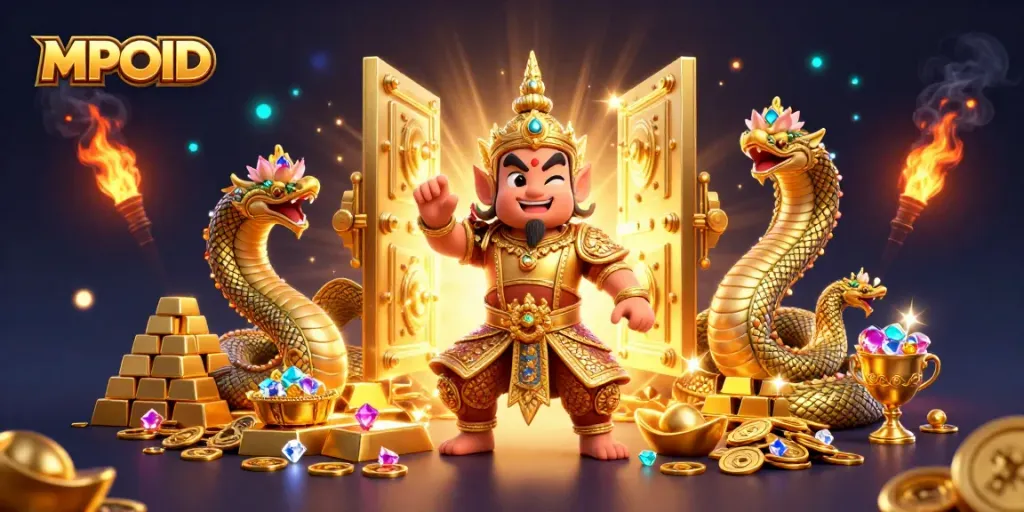 MPOID showcases a dynamic 3D casino scene with golden guardians, treasures, and vibrant gems.