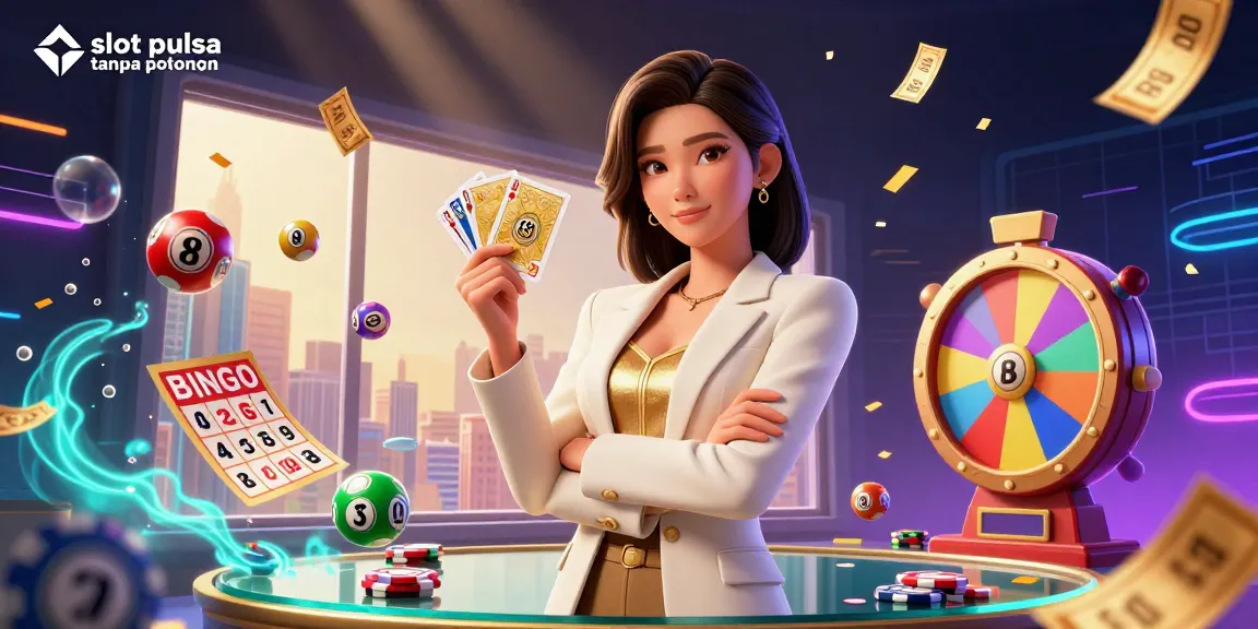 Experience the excitement of slot pulsa tanpa potongan with a glamorous poker scene showcasing dynamic gaming elements.