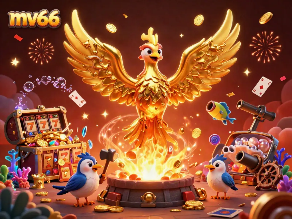 Experience mv66's vibrant casino atmosphere with a golden phoenix and dynamic game elements.