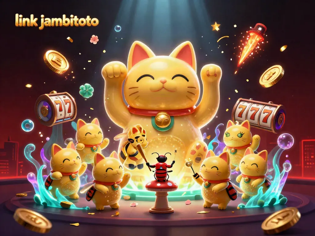 Engage with thrilling moments through link jambitoto showcasing a giant lucky cat and dynamic casino symbols.