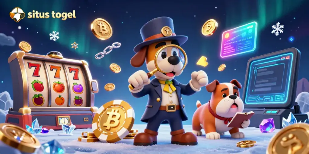 Permainan dan strategi situs togel dengan ilustrasi karakter mendeteksi petunjuk dan chip poker emas.