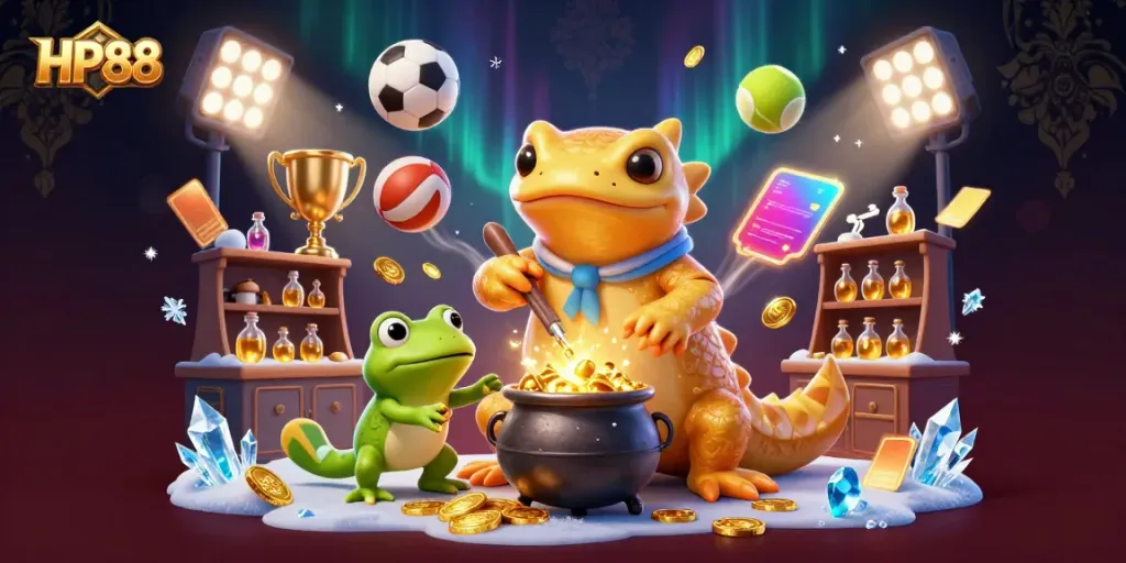 HP88 themed illustration showcasing a golden salamander alchemist creating gold coins amidst sports elements for online gambling.