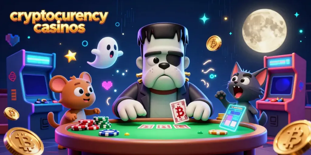 Engaging scene showing a cartoon Frankenstein bulldog dealer and a werewolf kitten in a vibrant cryptocurrency casinos setting.
