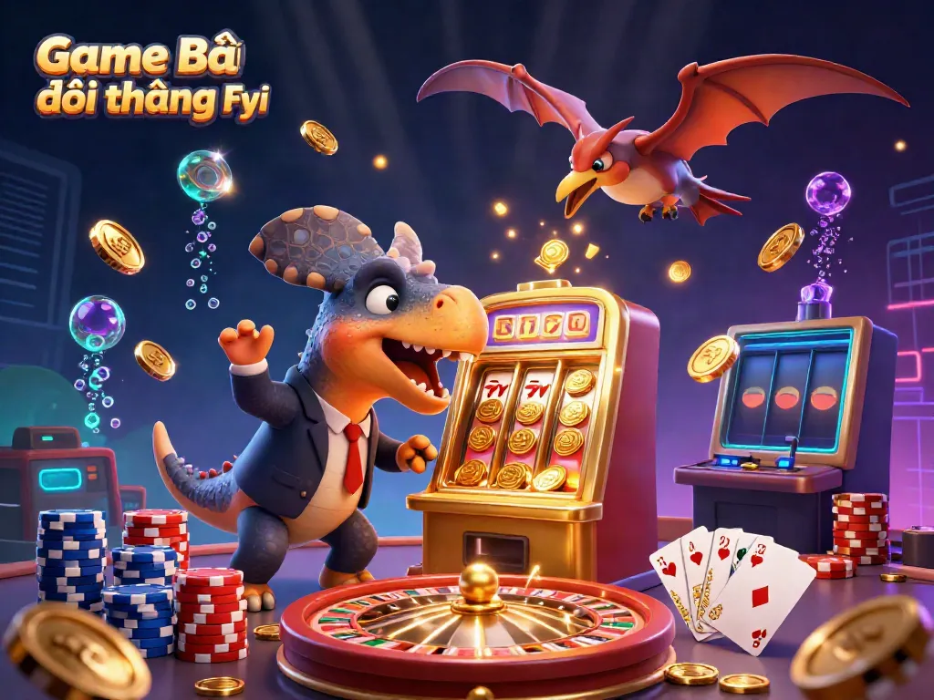 Experience excitement with Game Bài Đổi Thưởng Fyi as dinosaurs interact with a jackpot slot machine.