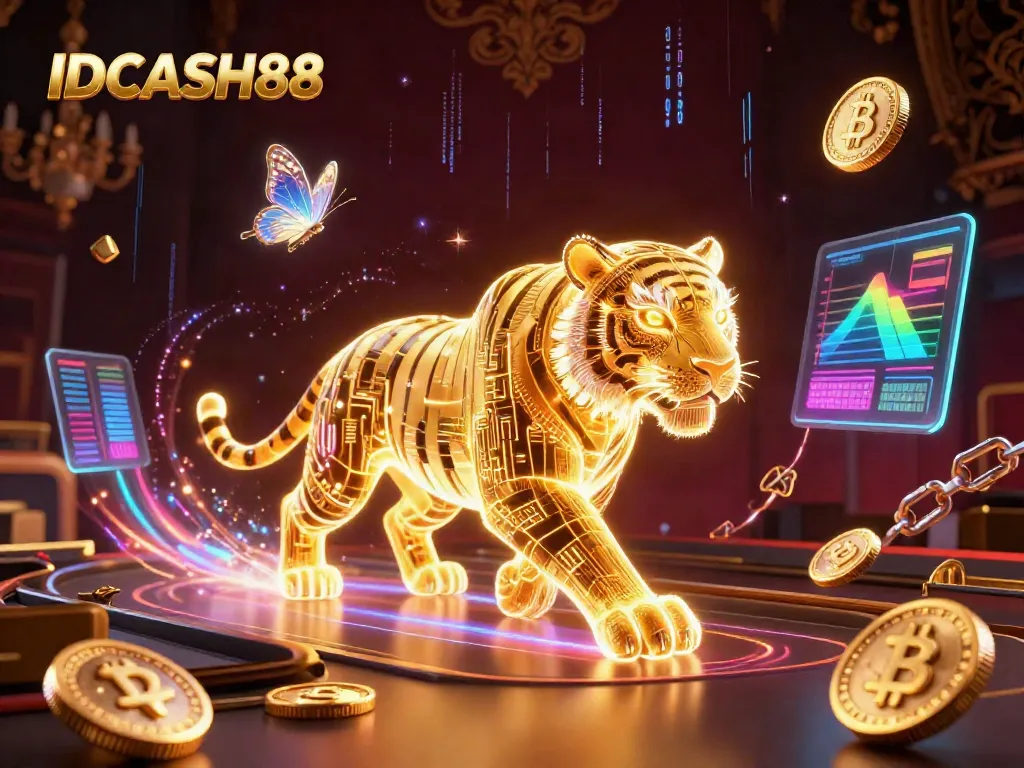 Experience thrilling gaming with IDCASH88's dynamic 3D casino illustration showcasing vibrant crypto elements.