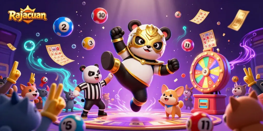 Rajacuan brings excitement to the casino scene with a thrilling wrestling panda, energetic crowd, and vibrant gambling elements.