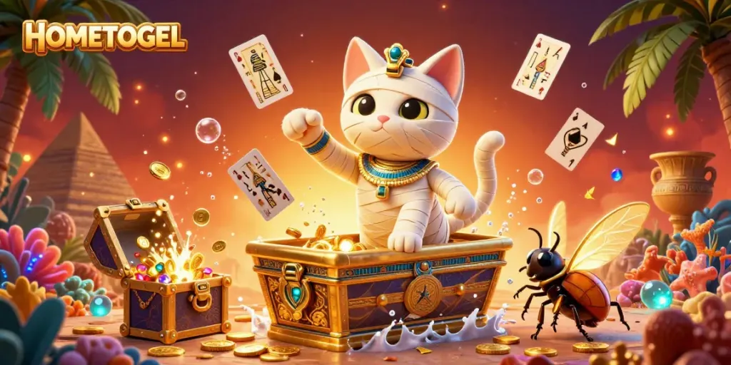 Experience the excitement of HOMETOGEL with a lively 3D casino scene featuring an Egyptian mummy cat, golden treasures, and floating playing cards.