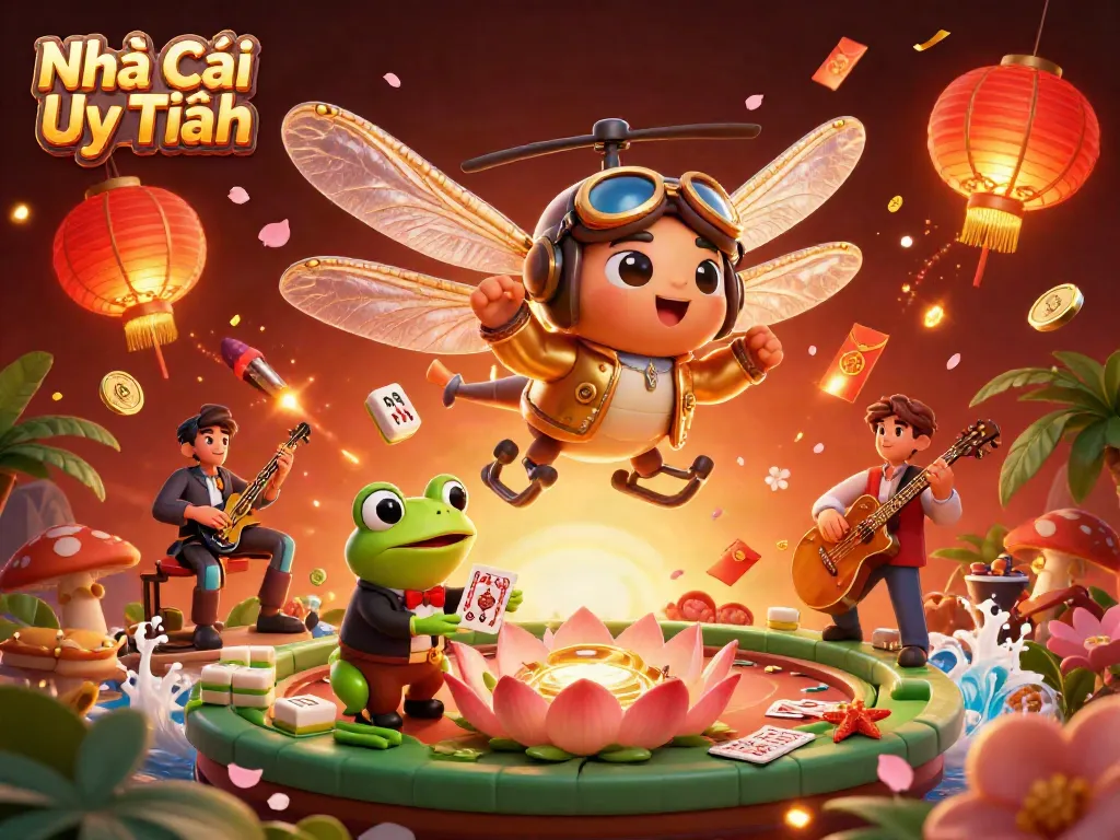Nhà Cái Uy Tín interactive scene with a dragonfly pilot and frog dealer in a vibrant casino setting.