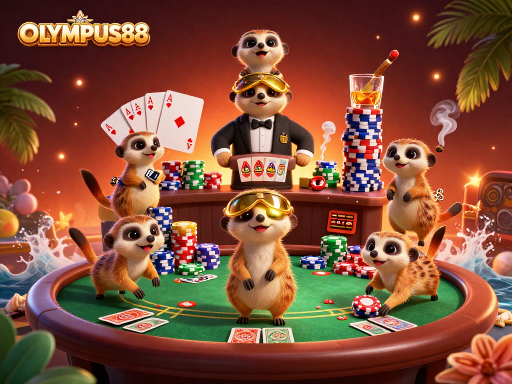 Experience thrilling casino action with OLYMPUS88's adorable meerkat crew in a vibrant 3D scene.
