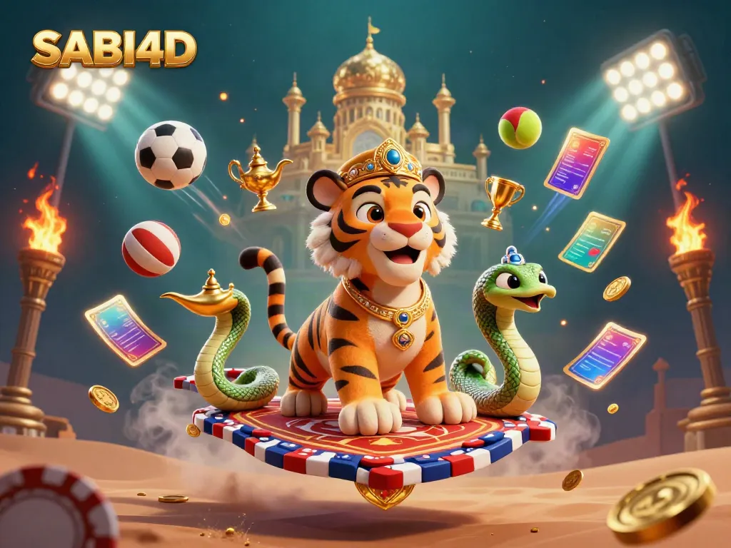 Visualisasi SABI4D dengan sultan harian di karpet terbang poker, tropi dan bola olahraga.