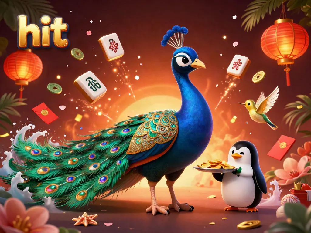 Hit the jackpot in this vibrant 3D casino scene featuring an aristocratic peacock and lucky elements.