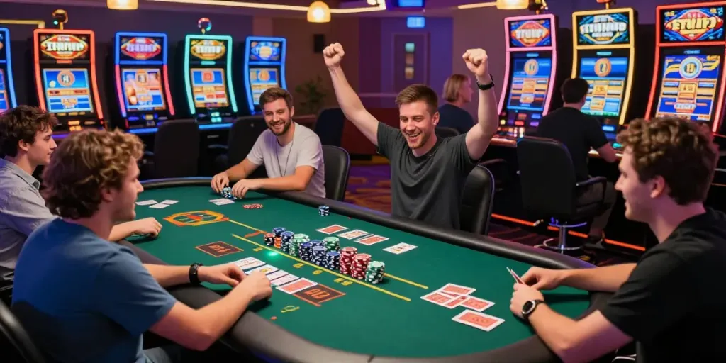 Players enjoying 2up casino games with vibrant chips and cards in a lively online casino.
