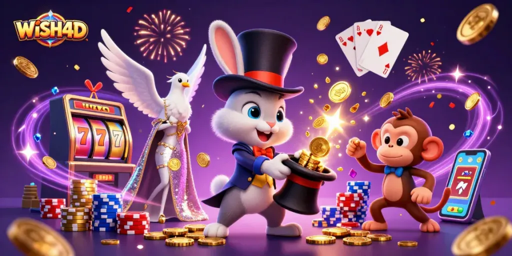 Join the excitement at WISH4D as magical characters spin slot reels and distribute golden coins!
