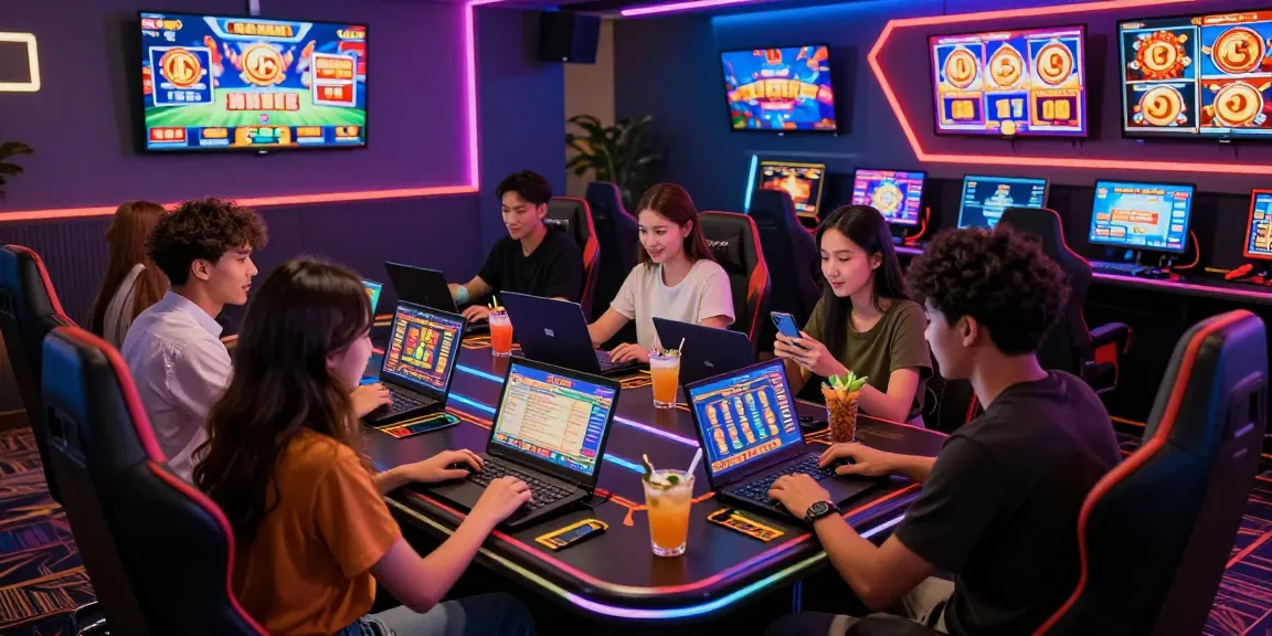Friends enjoying situs slot games in a vibrant gaming lounge with LED lights and refreshments.