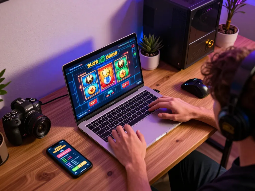 Playing a Slot Demo on a laptop in a cozy home setting with vibrant graphics and accessories.