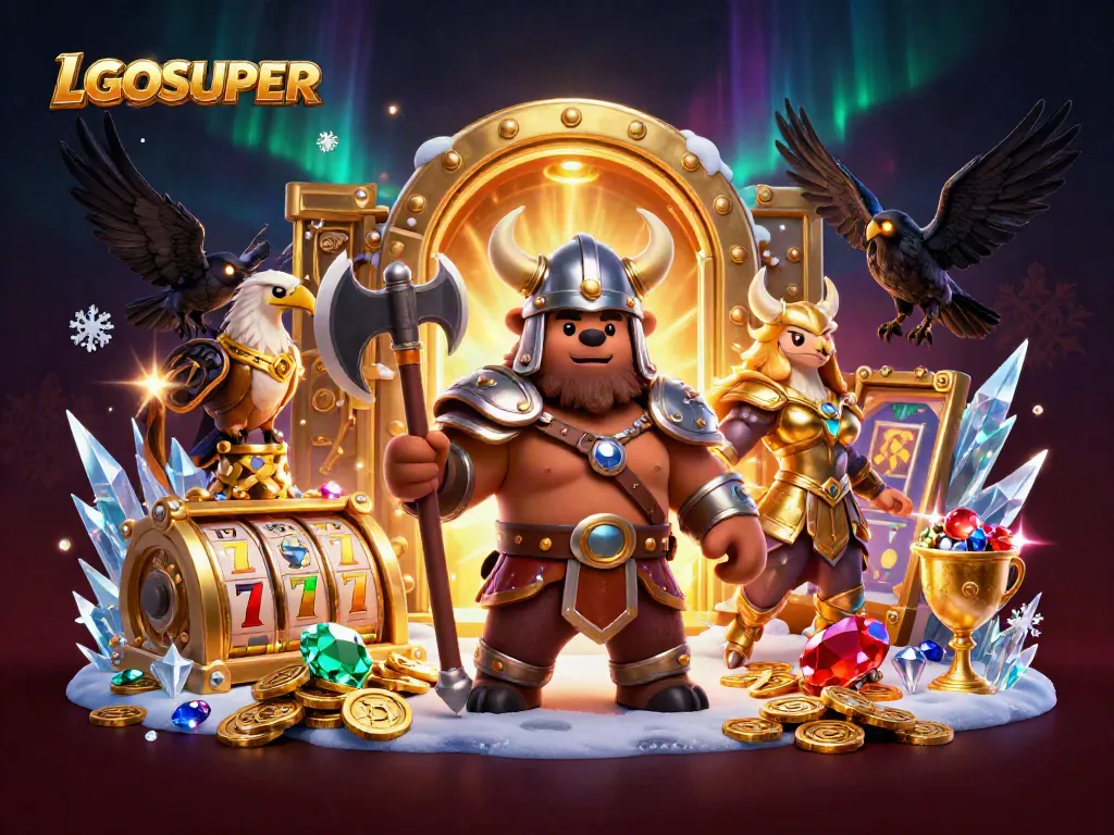 Engage in thrilling gameplay with LGOSUPER featuring dynamic Viking and Valkyrie characters amidst treasure!