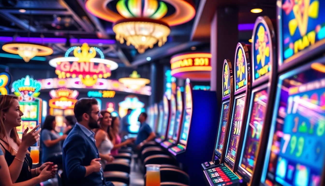 Permainan situs slot gacor dengan mesin slot yang cerah dan pemain yang bersemangat.