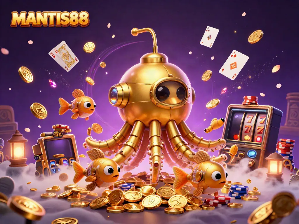 MANTIS88 invites players to immerse in a vibrant online lottery experience featuring golden kraken submarine and dynamic casino elements.