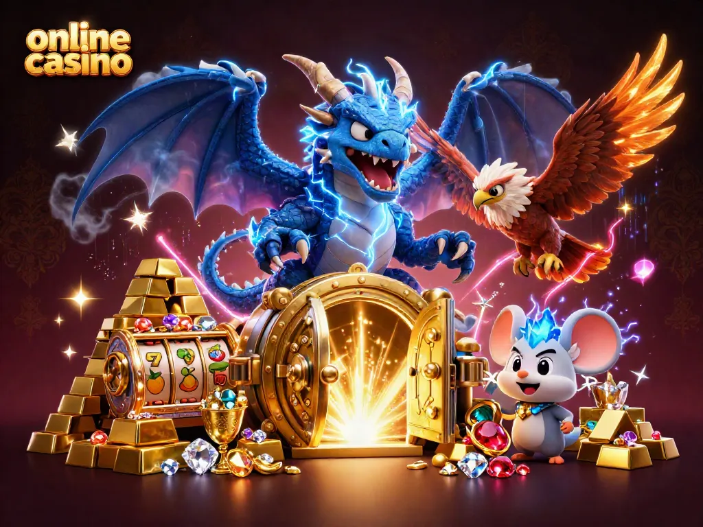 Experience thrilling gameplay at an online casino with vibrant characters and dazzling treasure.