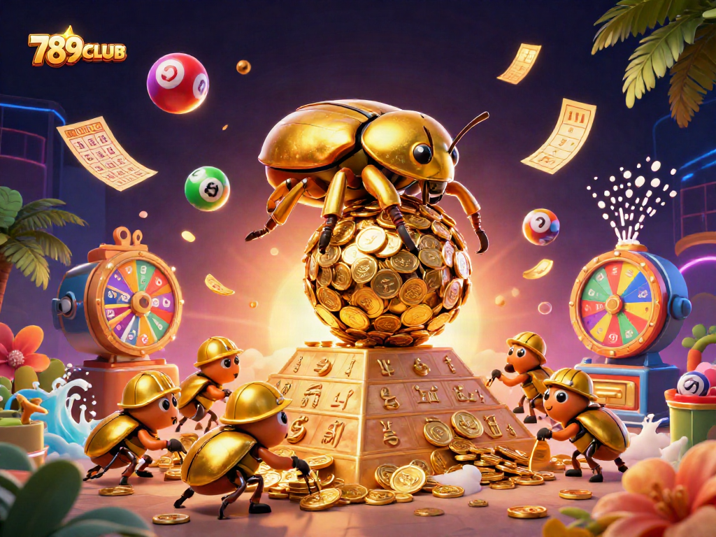 Engage with 789CLUB's lottery dynamics featuring a vibrant 3D scene filled with excitement and symbols.