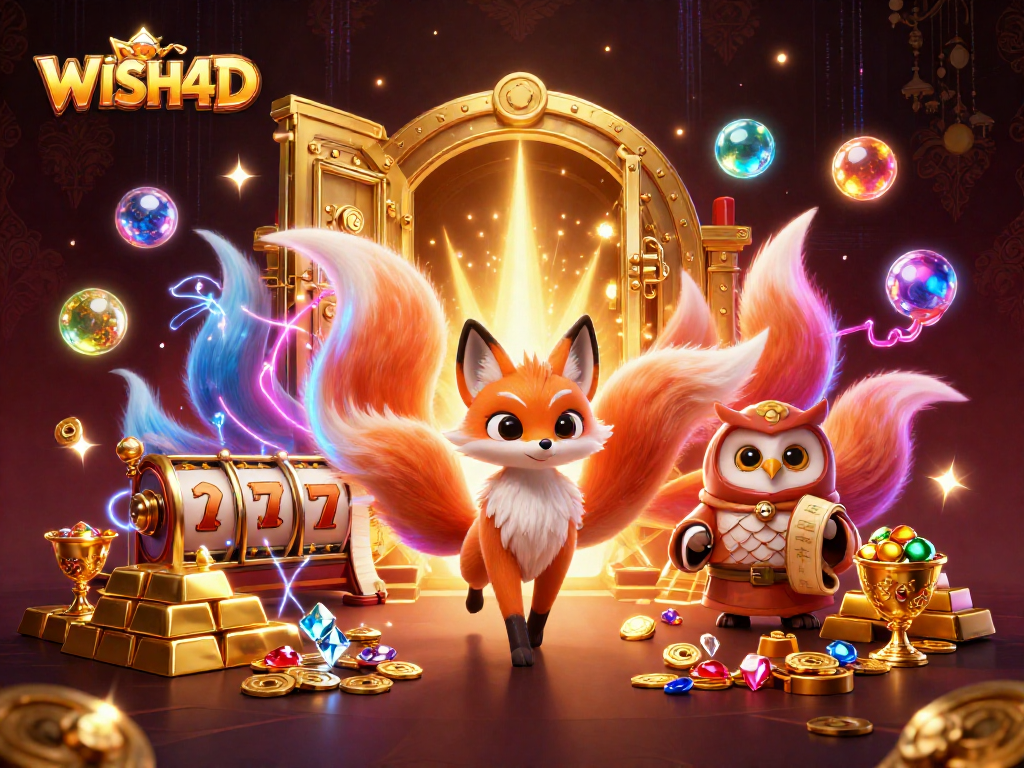 Engaging WISH4D illustration with colorful spirits, gold treasures, and exciting slot elements.