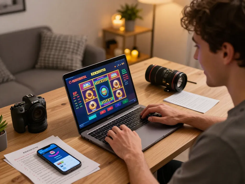 Engaging player exploring link gacor on KENZOTOTO online casino interface, analyzing winning strategies