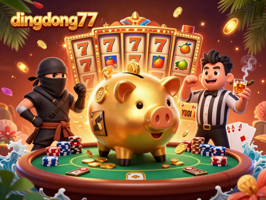 Experience thrilling gaming with dingdong77 as a golden piggy bank sumo wrestles for coins in a dynamic casino scene.