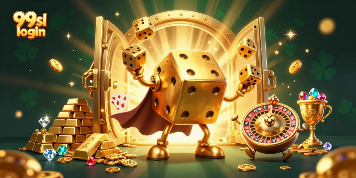 Master the 99sl login process with a fun casino-themed 3D illustration showcasing gaming elements.