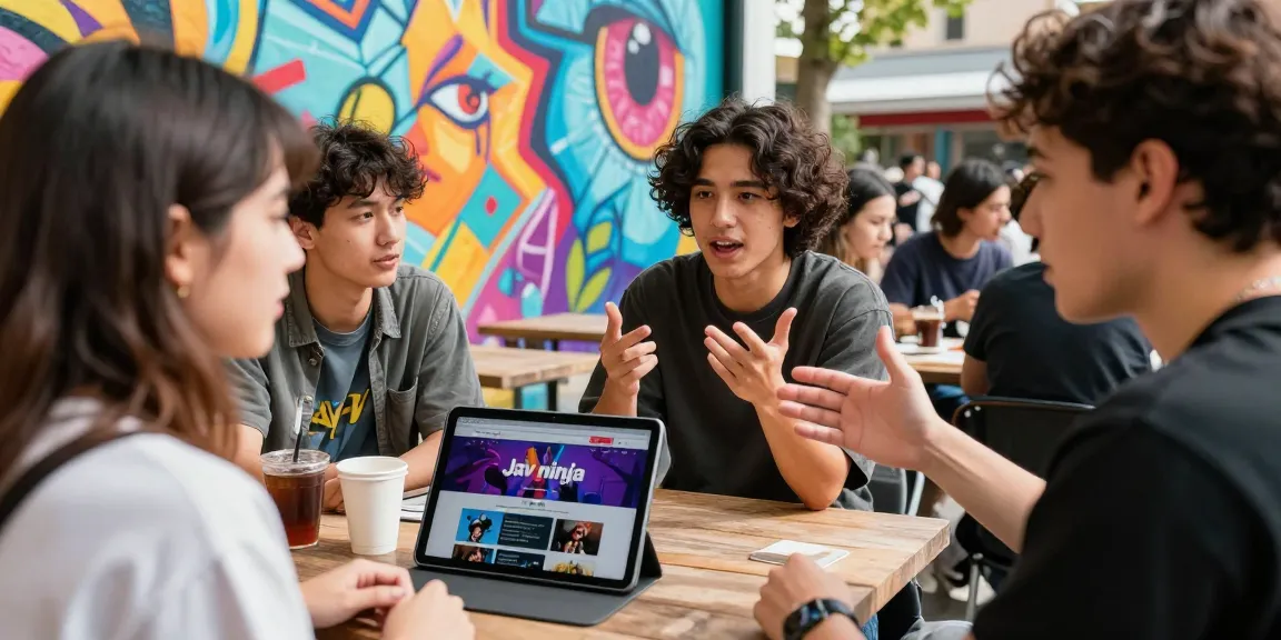 Diskusi seru tentang tren JAV dengan situs 'jav ninja' di tablet, suasana ceria di luar ruangan.