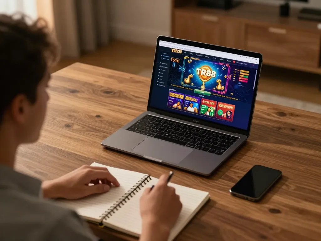 Engaging in online casino strategy with TR88 interface visible on laptop screen