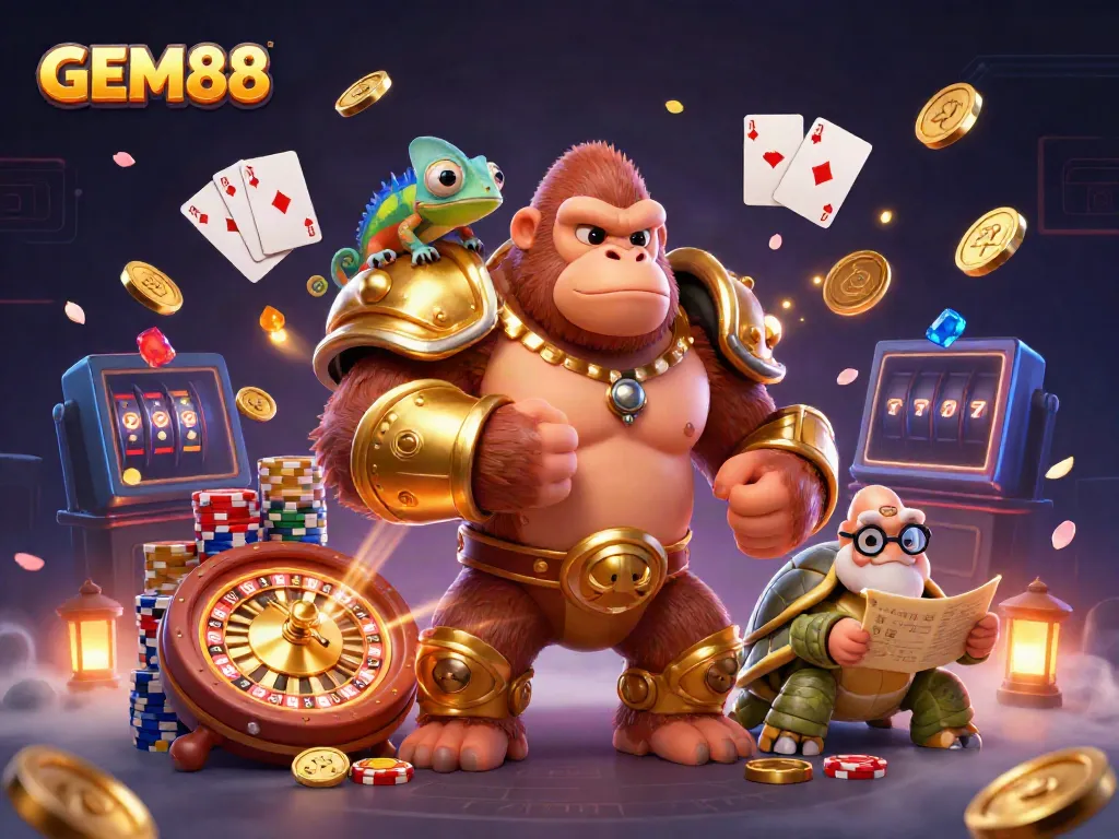 Experience GEM88 with the mighty golden gorilla king and his dynamic companions in a vibrant casino scene.