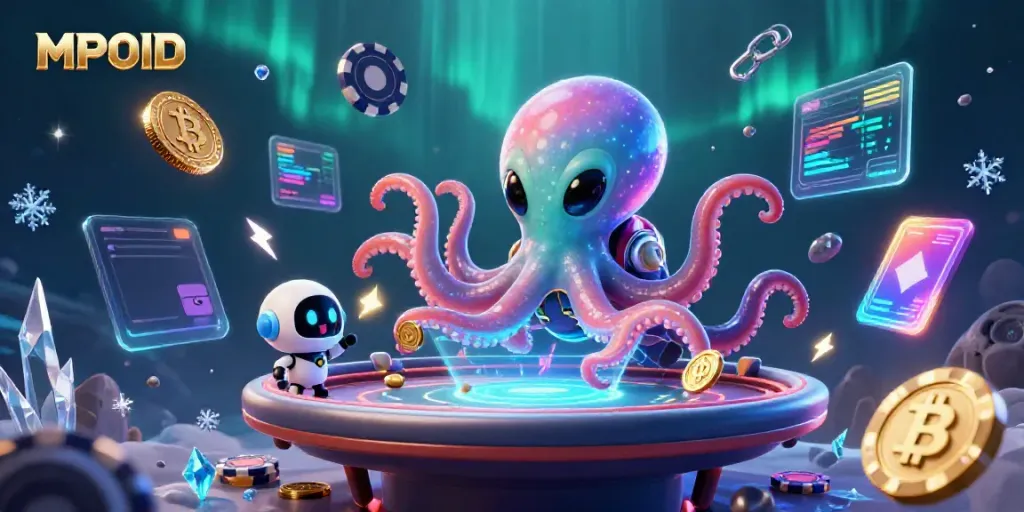 MPOID immersive poker scene with an alien octopus and robot in a holographic game