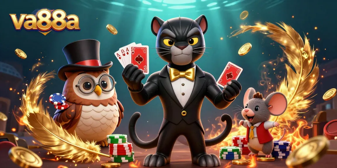 Engage with thrilling casino action at va88a featuring a stylish panther dealer, colorful poker chips, and vibrant casino elements.