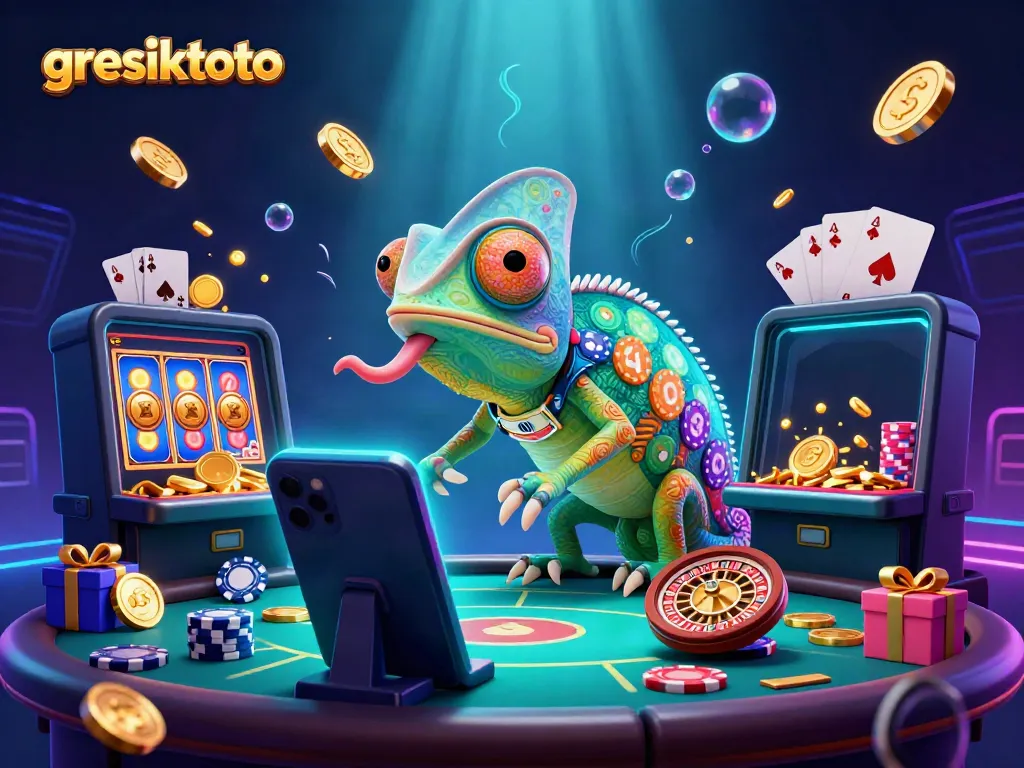 Experience thrilling gameplay at gresiktoto, featuring a vibrant chameleon casino owner and dynamic casino elements.