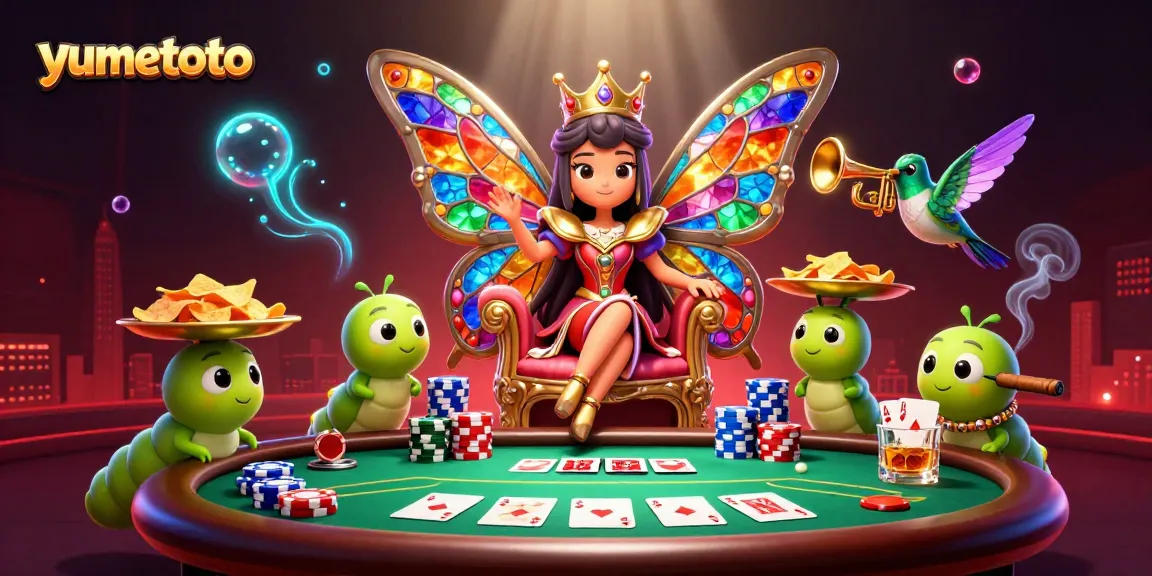 Engage with yumetoto through vibrant casino-themed art featuring butterfly queen, poker elements, and excitement.