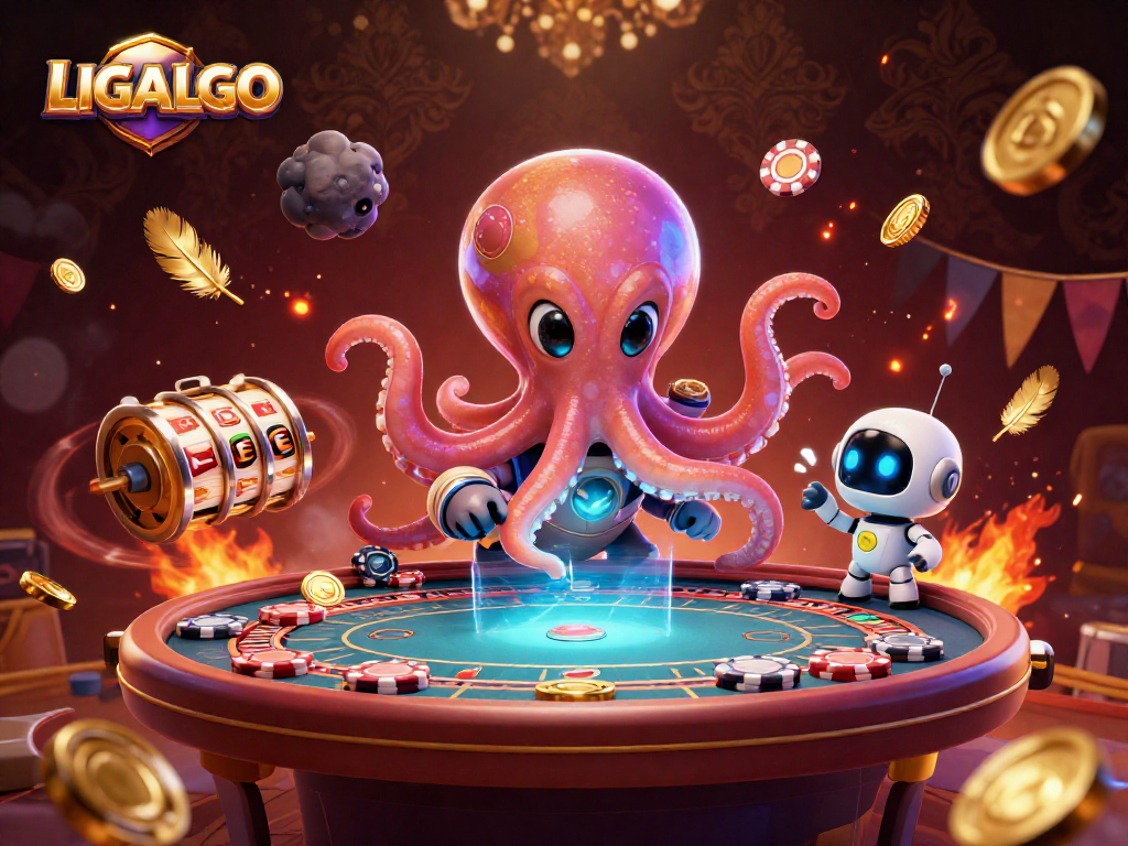 LIGALGO features an alien octopus and its robot companion engaging at a holographic poker table amidst vibrant casino elements.