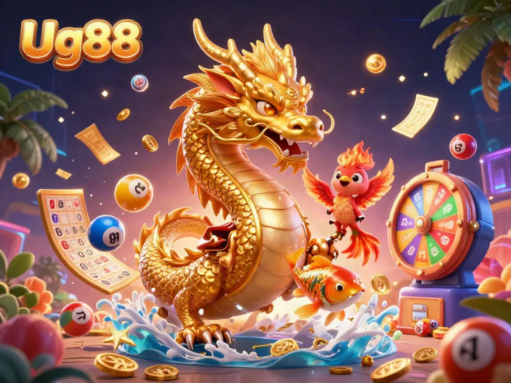 Experience the excitement of Ug88 with a dynamic illustration showcasing a golden dragon, phoenix, and winning elements.
