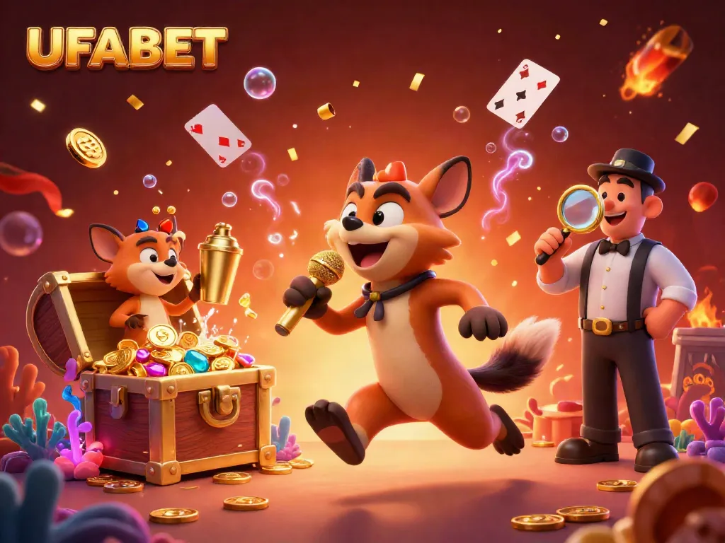 Experience the energetic humor at UFABET's comedy casino with entertaining hyenas and vibrant gaming elements.