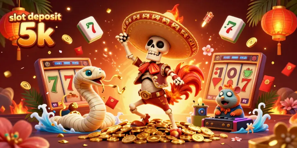 Menangkan slot deposit 5k sambil merayakan dengan karakter animasi di latar mewah.